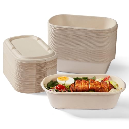 [100% Eco-Friendly] 34 oz Disposable Food Containers with Lids – Sugarcane Pulp Take Out Containers, Biodegradable Lunch Box, Compostable and Microwave Safe To-Go Boxes for Meal Prep – Pack of 50 - size: 34 OZ