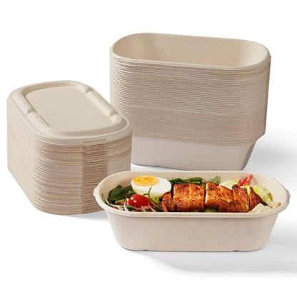 [100% Eco-Friendly] 34 oz Disposable Food Containers with Lids – Sugarcane Pulp Take Out Containers, Biodegradable Lunch Box, Compostable and Microwave Safe To-Go Boxes for Meal Prep – Pack of 50 - size: 34 OZ