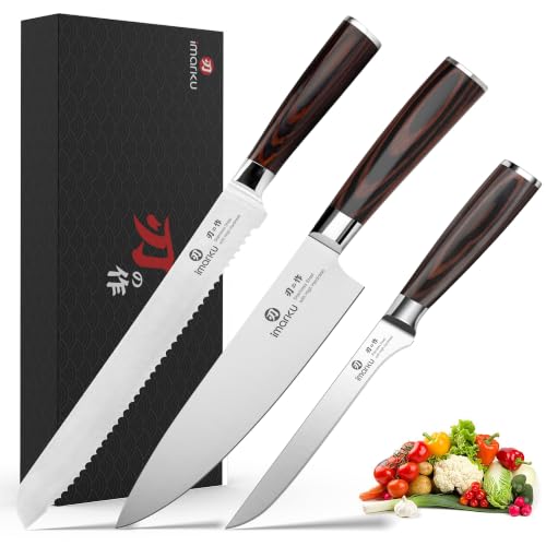imarku 3 Piece Knife Set, Japanese High Carbon Stainless Steel Chef Knife - color: Pakkawood Brown