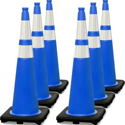 6 Pack 36" Large PVC Traffic Cones with Heavy-Duty Black Base – Durable, Weatherproof Safety Cones for Garage, Parking Lot & Road Construction Use (6, Blue, 36" Extra Large) - color: Blue, size: 36" Extra Large