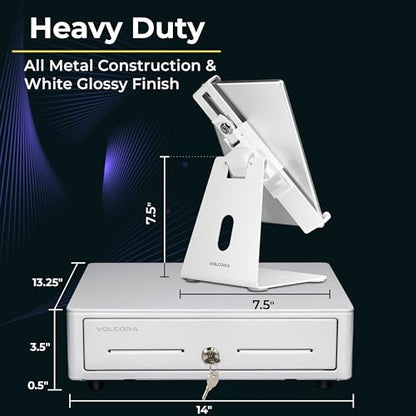 Volcora Cash Register Drawer & Tablet Stand with Lock for (POS) Point of Sale System, Anti-Theft, White