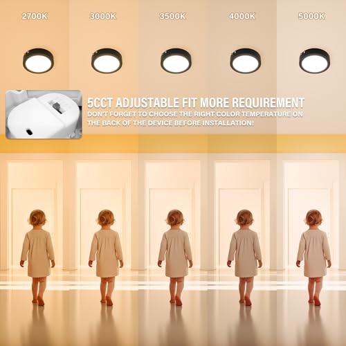 ZAGO 7 Inch Flush LED Lights with Emergency Battery Backup, Wafer Round Disk Light Emergency Kit, Edgelit, 120-277V, Dimmable, 15W, 1000LM, 5CCT Selectable, ETL/Wet Rated, Black - color: Black(EM 1 Pack)