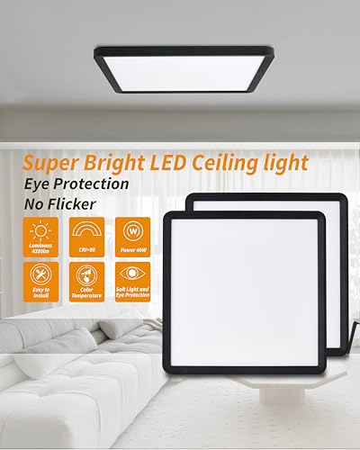 Square Led Flush Mount Ceiling Light,20 Inch 40w 4520lm led Light 3000k,4000k,6000k CCT Selectable,Flat Panel Super Slim Led Ceiling Light Fixture,for Living Dining Kitchen Bedroom Room (1Pack-Black) - color: Black, size: 20 Inch 1PK Square 3CCT