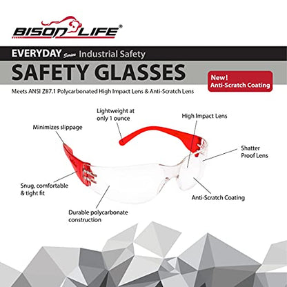 BISON LIFE Clear/Red Safety Glasses for Men & Women, ANSI Z87.1, 12 Pack - color: Clear/Red