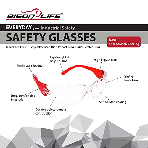 BISON LIFE Clear/Red Safety Glasses for Men & Women, ANSI Z87.1, 12 Pack - color: Clear/Red