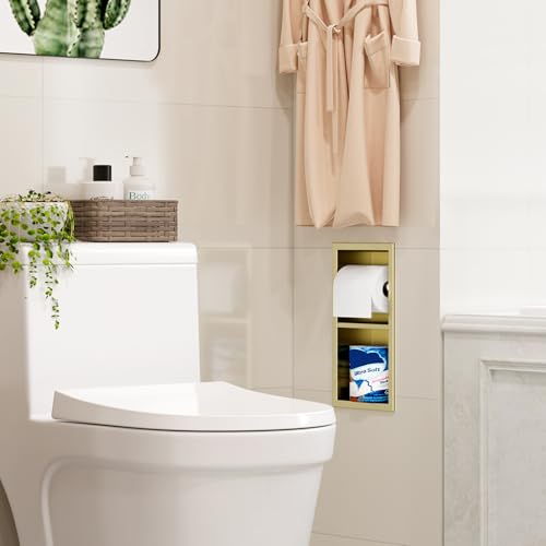 Qeke Recessed Toilet Paper Holder, Dual Rolls Tissue Toilet Holder, Golden - color: Brushed Golden