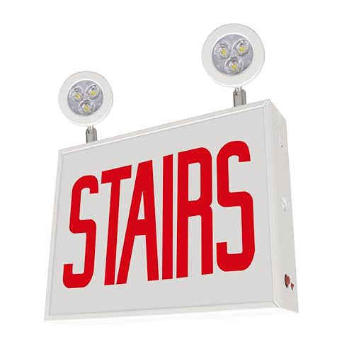 LFI Lights® Chicago Approved Combo Exit Sign with Emergency Lights, UL 924 Listed, (Stairs No Arrow), Red LED, White, Steel Housing, Glass Panel, 120-277VAC Wall, Ceiling or Side Mount, Hardwired with Battery Backup CHCORWBBSTAIRNA - style: STAIRS No Arro