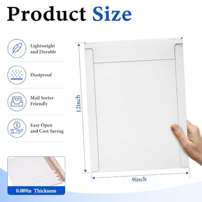 Packbabol 100 Pack White Rigid Mailers, 9"x12" Self Seal Document Mailer Stay Flat Cardboard Mailers Shipping Envelopes for Mailing Semi-Rigid and CD,Photos，Document - size: White 9"x12"-100Pc