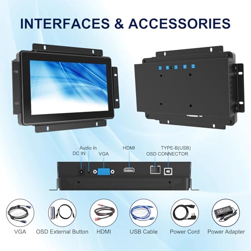 IP65 Industrial Monitor 7 Inch Open Frame Touch Screen Monitor, 10-Point Capacitive Touch Display PCAP LCD Monitor, 1024x600 Metal Housing for HMI Control Panels - size: 7.0