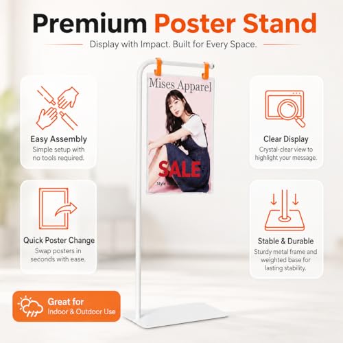 Floor Standing Poster Stand with Acrylic Sign Holder for Retail Displays - color: White
