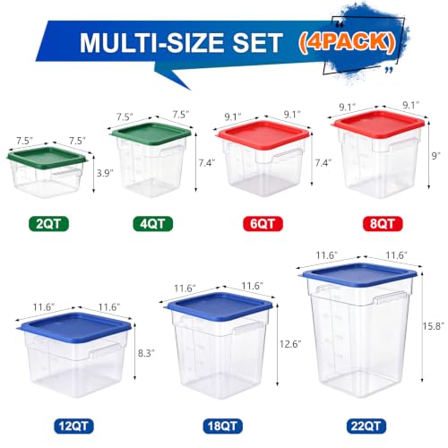 4Pack - 12QT Food Storage Containers with Lids & Handles, Polycarbonate Clear Airtight Food Container with Scale Marks for Bread Proofing, Flour, Commercial Grade, Restaurant & Kitchen, Square, Blue - color: Blue, size: 12QT