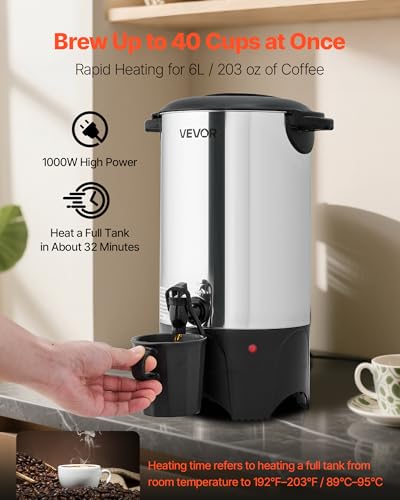 VEVOR Commercial Coffee Urn, 40 Cup 6 L Hot Beverage Dispenser with Dripless Faucet, Quick-Brewing Commercial Coffee Maker, with Stainless Steel Liner, for Catering, Business, Church & Restaurant - size: 40Cup