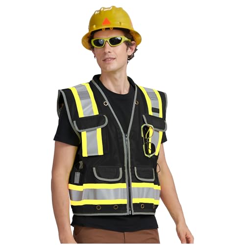AYKRM Heavy Woven cotton High Vis Reflective work construction safety vest for men Class 2 with ipad Cargo Back Pocket - color: Black, size: X-Large