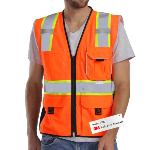 Dib Safety Heavy Duty Safety Vest Reflective with Pockets Made with 3M tape - color: Orange, size: Small