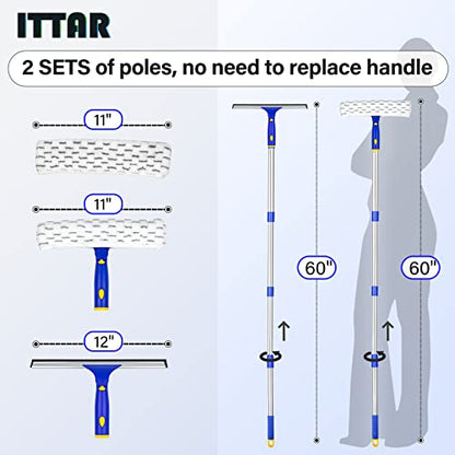 ITTAR Window Squeegee with 2 Sets Separate Pole, 12" Rubber Squeegee and 11" Microfiber Pads, 60"-73.6" Telescopic Window Cleaning Kit with Rotating Head for High Windows, Shower Glass, Car Windshield - color: White&blue