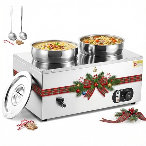 WILPREP Commercial Food Warmer with Two 7.4 QT Inserts, 1500W Countertop Electric Steam Table, 86-185°F Adjustable Temp Control & Over-Temp Protection, Stainless Steel - size: 7L*2