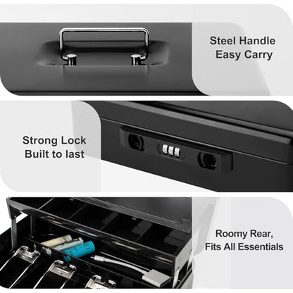 Cash Box with Snap Latch Combination Lock and Sliding Coin Lid, Secure Cash Box with Money Tray and Lock, Durable Safe Money Box for Home and Office,Black,11.8"L x 9.5"W x 3.5"H - color: True Black
