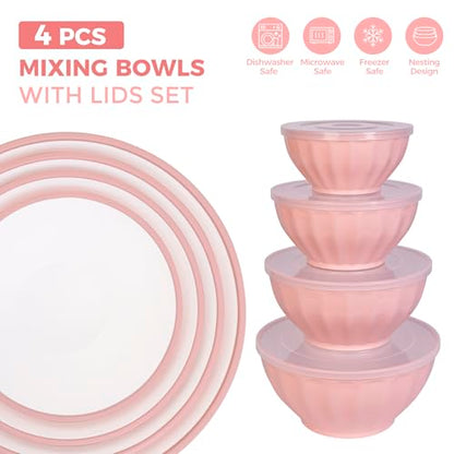 BoxedHome Mixing Bowls with Lids Set, 8 pieces Large 0.2” Thick Plastic Nesting Mixing Bowl, Microwave Safe,Size 5.92, 4.12,3.06,1.80 Quart, Pink - color: 8 PK Pink