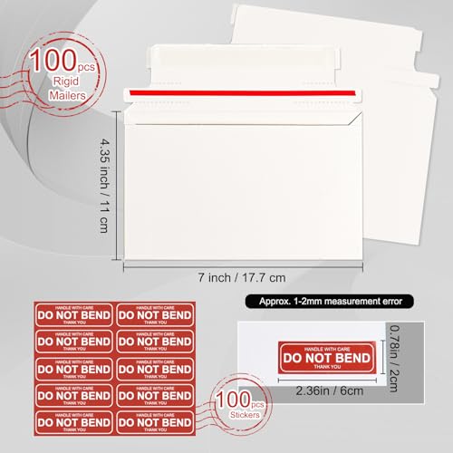 100 Pack Card Shipping Envelopes - 7 x 4.35 Inches Rigid Mailers Trading Card Mailers for Shipping,Self Seal White Cardboard Envelopes for Semi-Rigid Sleeves,Document,Coins,Stamps
