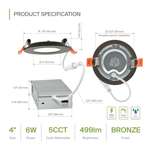 ASD 6 Pack 3 Inch LED Recessed Light 6W, 5 CCT 2700K-5000K CRI90+, IC Rated Ultra Thin Dimmable Ceiling Lights with J Box, Canless Wafer Downlight, Round Slim Panel Lighting, Energy Star ETL, Bronze - color: Bronze, size: 3 Inch 6 Pack