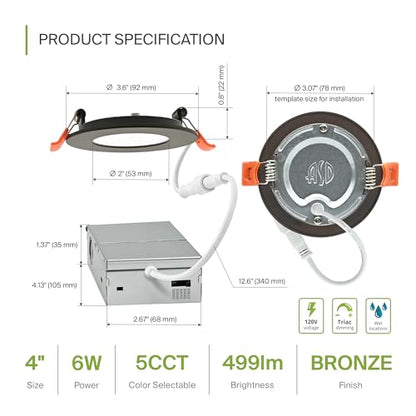 ASD 6 Pack 3 Inch LED Recessed Light 6W, 5 CCT 2700K-5000K CRI90+, IC Rated Ultra Thin Dimmable Ceiling Lights with J Box, Canless Wafer Downlight, Round Slim Panel Lighting, Energy Star ETL, Bronze - color: Bronze, size: 3 Inch 6 Pack