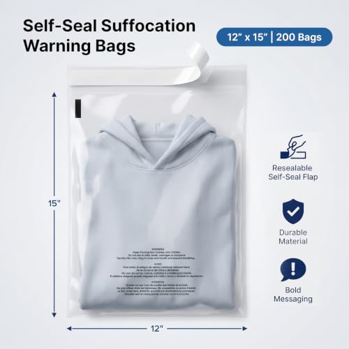 12” X 15” (200 Count) Self Seal Clear Poly Bags with Suffocation Warning - size: 12" X 15"