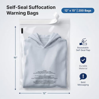 12” X 15” (200 Count) Self Seal Clear Poly Bags with Suffocation Warning - size: 12" X 15"