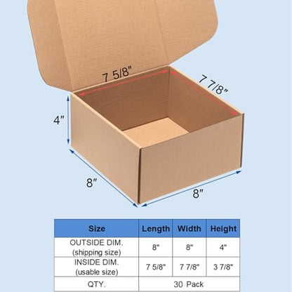 Wowxyz 8x8x4" Shipping Boxes 30 Pack Brown Corrugated Cardboard Mailer Box - size: 8x8x4"
