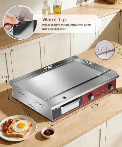 22" Commercial Electric Griddle 1500W, Flat Top Grill with 5-Min Reminder Timer, Adjustable Temp Control (122°F-572°F), Stainless Steel Countertop Griddle for Restaurant & Home Kitchen - size: 22"