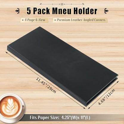 Restaurant Menu Covers Holders 4.25" x 11" | Pack of 5 Synthetic Leather Quad Fold Panels 6 View Angled Corners Black for Wine List, Drinks (5, Quad Fold Panels 6 View (4.25 x 11 inch)) - size: 4 Page 6 View