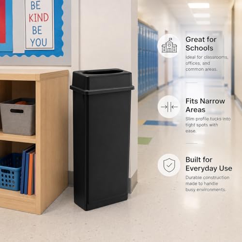 23 Gallon Slim Rectangular Commercial Trash Can, Heavy Duty Plastic Indoor Waste Bin for Kitchen, Office, Restaurant, School, Restroom & Janitorial Use (Black, with Lid) - color: Black