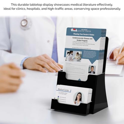 Marketing Holders 10 Pack Trifold Brochure Holder Countertop for 4.25" Rack Cards with Attached 3.5" x 2" Business Cards Black Acrylic Space Saving Multi Slot Display Stand - color: Black