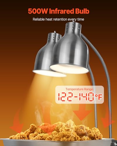 VEVOR Food Heat Lamp, 500W Electric Commercial Food Warmer Light, 2-Head Stainless Steel French Fry Heating Lamp with 3 Bulbs, Catering Food Warming Equipment for Kitchen, Buffet, Restaurant, Silver
