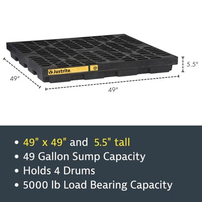 Justrite Low Profile 4 Drum Spill Containment Pallet Accumulation Center - color: Black, style: 4 Drum