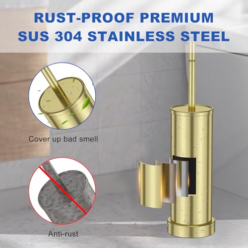 304 Stainless Steel Toilet Brush and Holder Set, Toilet Bowl Brush and Holder, Heavy Duty with Long Handle, Removable Inner Bowl and Splash Protection for Bathroom - color: Light Gold