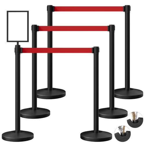 6-Pack Black Stainless Steel Crowd Control Stanchions, 9.8 ft Retractable Red Safety Belts with 1 Sign Holder(Red Belt) - color: Black stanchions w Red Belt, size: 6 pcs