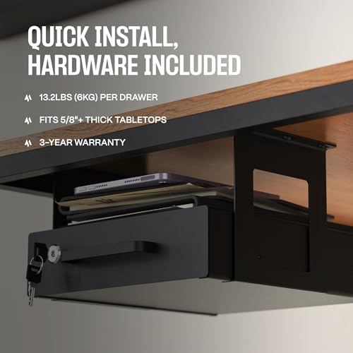 Under Desk Drawer Slide-Out – Lockable Metal Storage Drawer with Cable Management for Office & Home (Single, Bracketed) - size: Single (Bracketed)