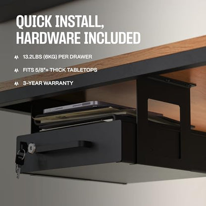 Under Desk Drawer Slide-Out – Lockable Metal Storage Drawer with Cable Management for Office & Home (Single, Bracketed) - size: Single (Bracketed)