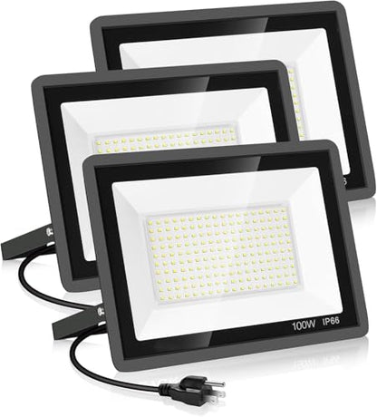 YANYCN 3 Pack 100W Led Flood Lights Outdoor,Super Bright 11600LM Security Lights with Plug,Exterior IP66 Waterproof 5000K Daylight White FloodLight for Basketball Court, Yard, Garden, Playground - color: 100W led flood light 3pack