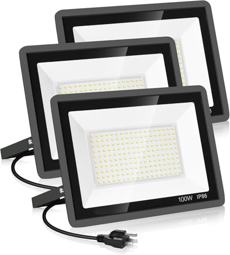 YANYCN 3 Pack 100W Led Flood Lights Outdoor,Super Bright 11600LM Security Lights with Plug,Exterior IP66 Waterproof 5000K Daylight White FloodLight for Basketball Court, Yard, Garden, Playground - color: 100W led flood light 3pack