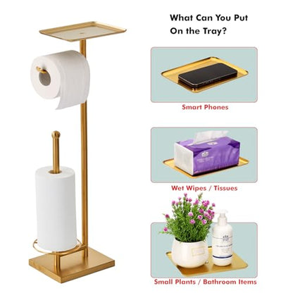 Toilet Paper Holder with Tray At the Top, Heavy-Weighted Base No Wobbly, Freestanding Toilet Paper Rolls Stand, Hold Extra 3 Paper Rolls On the Base (Gold) - color: Gold
