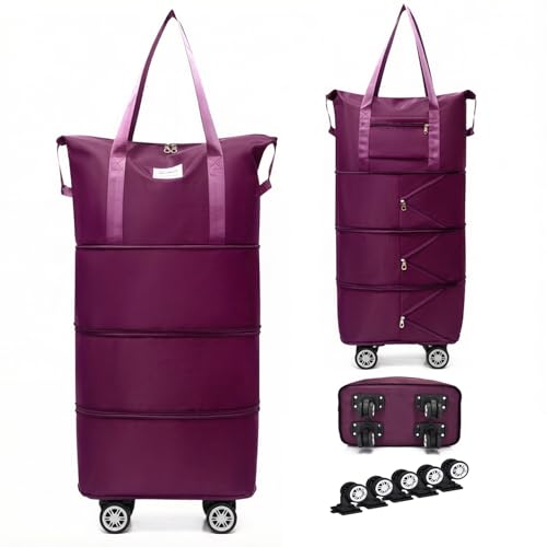 4-in-1 Expandable Rolling Duffel Bag with Detachable Wheels, 28L-80L Collapsible Luggage with Bonus Spare Wheel, Foldable Travel Trolley for Carry-On, Weekend, Shopping & Moving, Deep Purple - color: Deep Purple