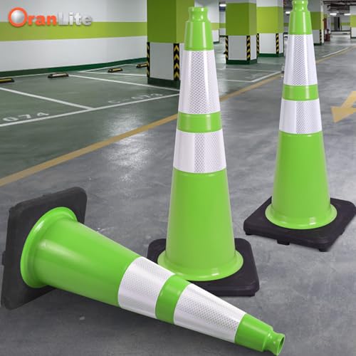 Fluorescent Orange/Green PVC Traffic Cones, Heavy Black Base Parking Lot Cone Structurally Stable Weatherproof Road Construction Safety Cones (4, Green, 28" Large) - size: 28" Large