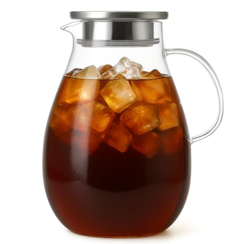 Glass Water Pitcher with Lid, 67oz / 2L Heat-Resistant Jug for Iced Tea, Juice, Coffee, and Daily Use - size: 67.6 Ounces