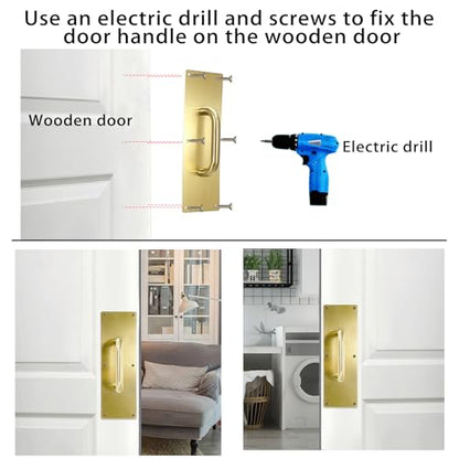 Sumnacon 1 Set 12" Stainess Steel Door Handle Pull & Push Plate - Heavy Dutyr Gold Gate Handle Bar for Home/Office/Warehouse/Public,Suitable of Wooden/Composite Door with Screws,Brushed - color: Gold