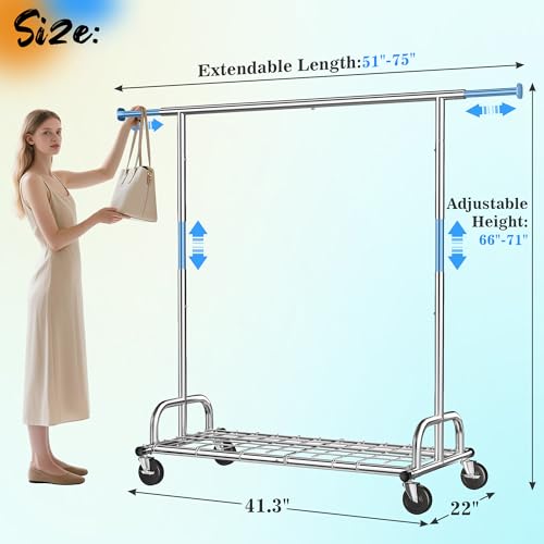 Raybee Heavy Duty Clothes Rack Load 480LBS,Clothing Racks for Hanging Clothes,Adjustable Rolling Clothes Rack with Wheels,Garment Rack for Bedroom,Laundry Room,Commercial Use, 71" Hx22 D x 75" W - style: Single Rod