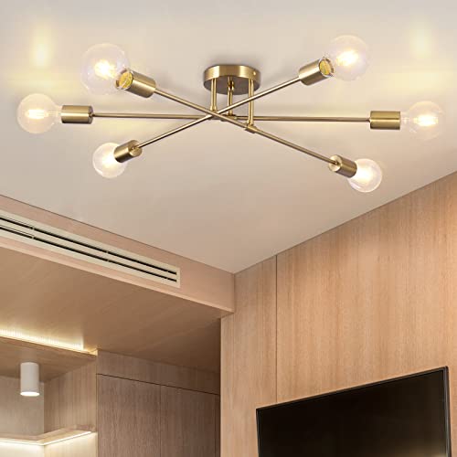 Semi Flush Mount Ceiling Light, 6-Light Brass Modern Sputnik Chandeliers with E26 Base, Mid Century Industrial Vintage Farmhouse Kitchen Light Fixtures for Living Room Dining Room Bedroom - color: Brass