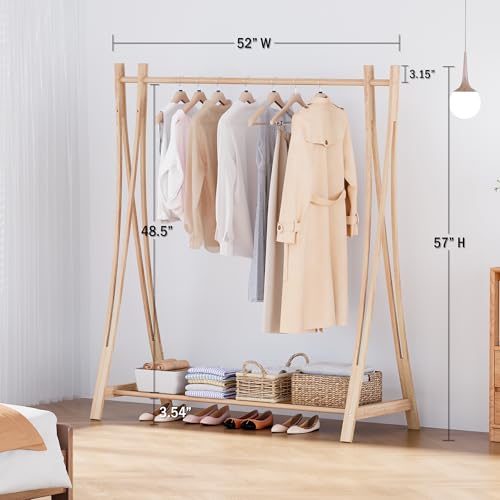 Wooden Retail Display Hanging Clothes Rack with Storage Shelf, 52" W x 57" H Freestanding Heavy Duty Clothing Drying Garment Rack for Hanging Clothes, Coat, Dress, Shirt, Hat - size: 52"W - Wood