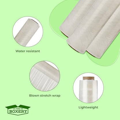 The Boxery 18" x 1500' Pre-Stretched Stretch Wrap – 30 Gauge Clear Blown Film – 1 Roll – Lightweight Pallet Wrap for Shipping & Moving