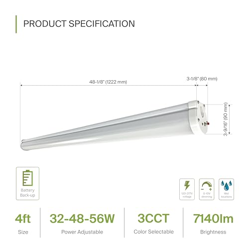 ASD 4FT LED Vapor Tight Light Fixture with Emergency Battery Backup - 32W/48W/56W 120-277V 3500/4000/5000K Dimmable Vapor Proof Lighting, Seamless Linkable Commercial Wall Light, UL DLC - color: 4ft Emergency Battery, size: 1 Pack